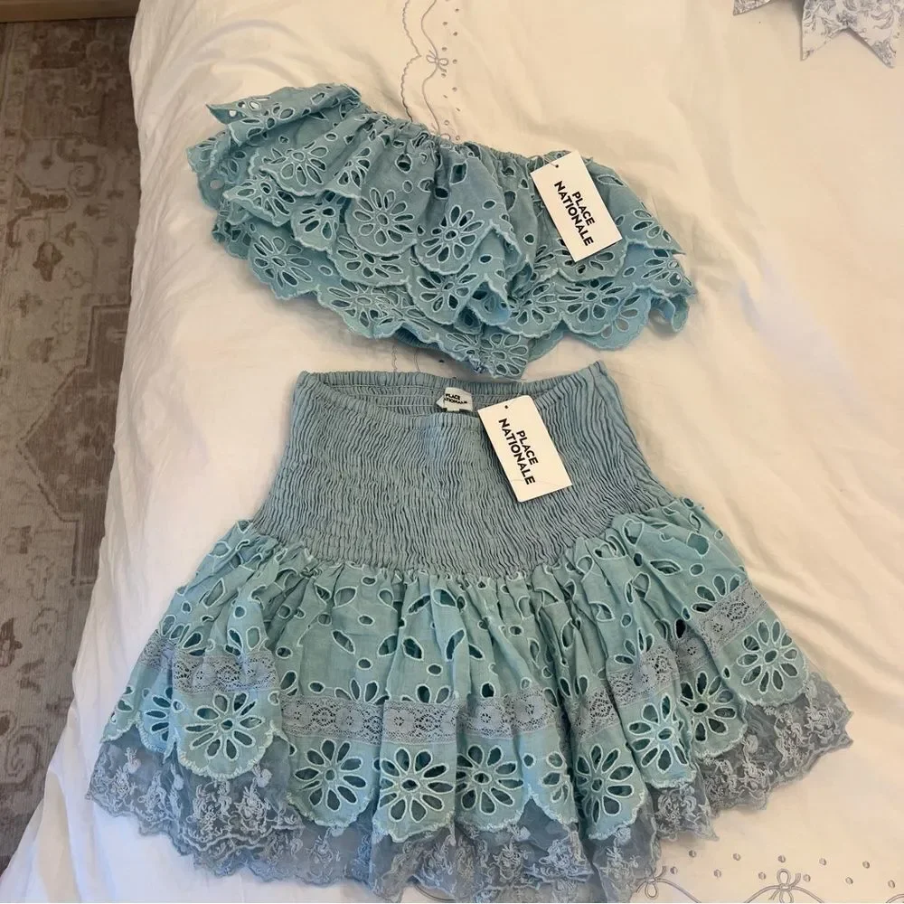 PLACE NATIONALE Top & Smocked Mini Skirt Two Piece Set Baby Blue - Picture 3 of 7